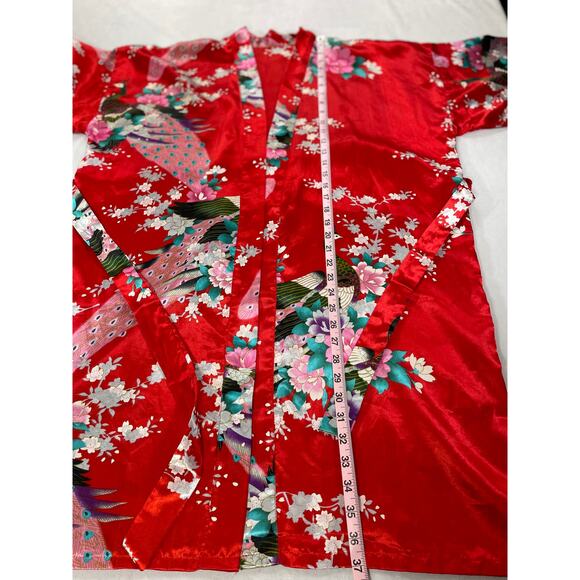 Red Satin Floral Peacock Kimono Robe 37” Long OS Belted Lightweight - Picture 7 of 7